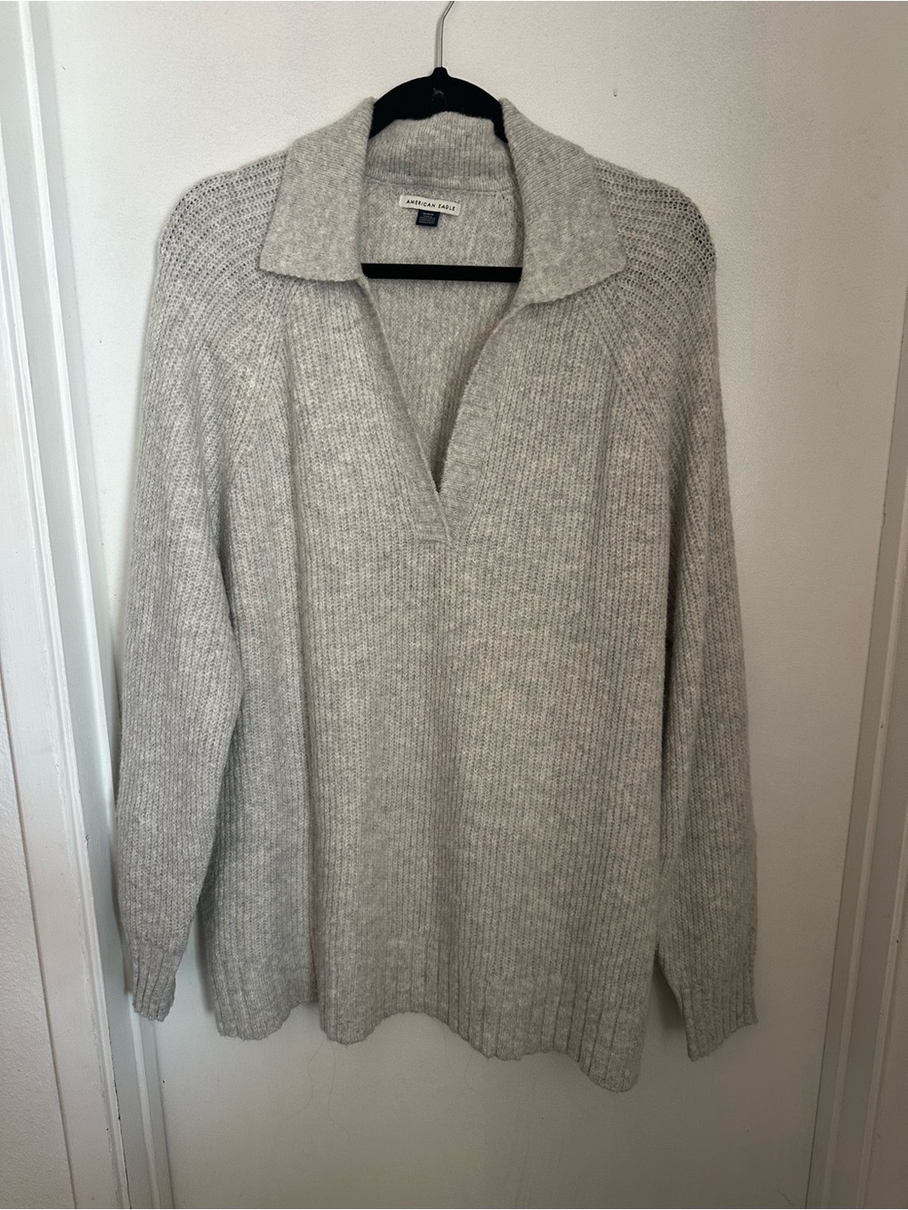 American Eagle Outfitters Light Gray V-Neck Collared Sweater